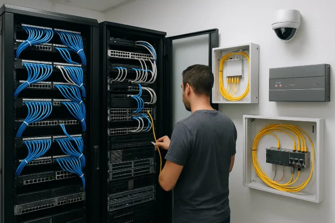 Techniker arbeitet an professioneller Netzwerktechnik und Serverinfrastruktur in Baden bei Wien.