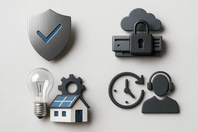 Realistische Symbole für Sicherheit, Datenschutz, Gebäudetechnik und regionalen Service in Baden bei Wien.