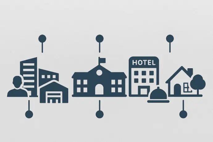 Illustration diverser Gebäudetypen in Baden bei Wien.