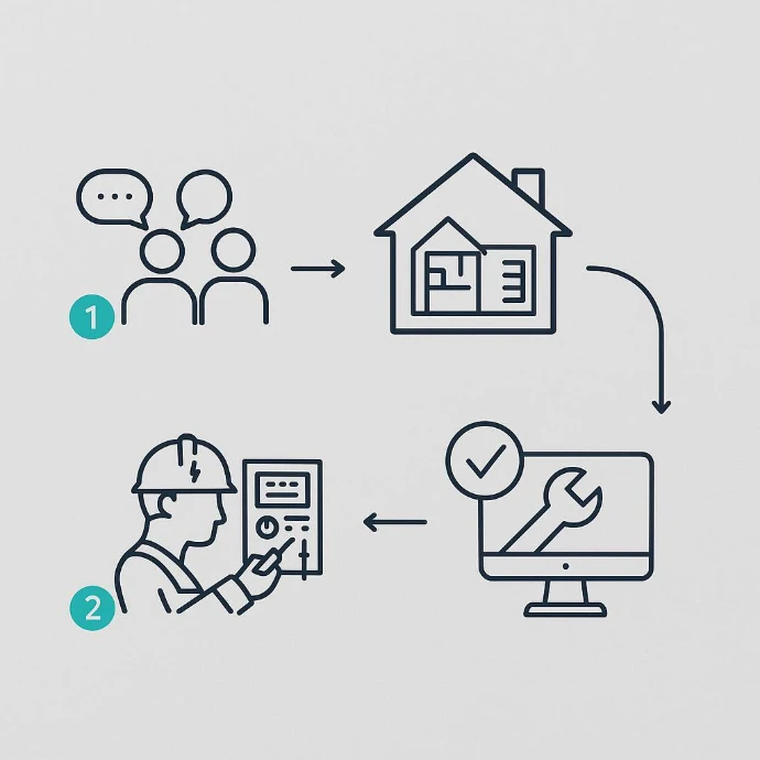 Smart-Home-Prozessillustration mit vier Arbeitsschritten in Baden bei Wien.