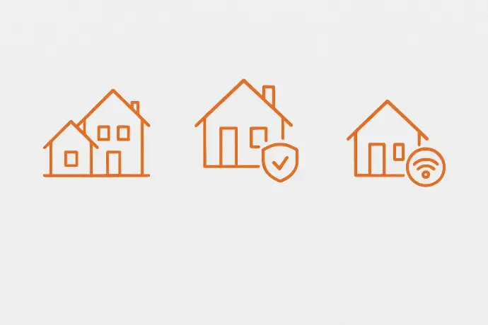 Illustration von drei Haustypen für Neubauten, Wohnhäuser und Ferienobjekte in Baden bei Wien.