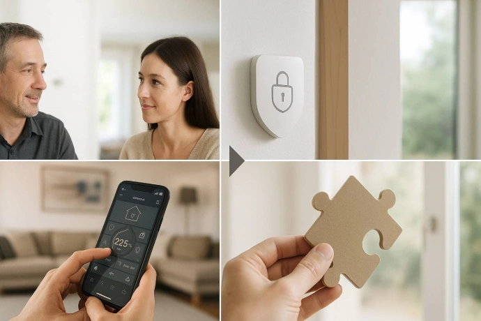 Realistische Smart-Home-Szene mit Beratung, Sensor und App-Steuerung in Baden bei Wien.