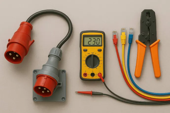 Stark- und Schwachstromtechnik in Baden bei Wien mit Stecker, Multimeter und Netzwerkkabeln.