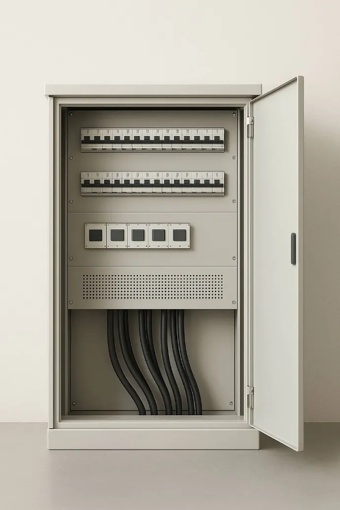 Geöffneter Verteilerschrank mit sauberer Schaltanlagentechnik in Baden bei Wien.