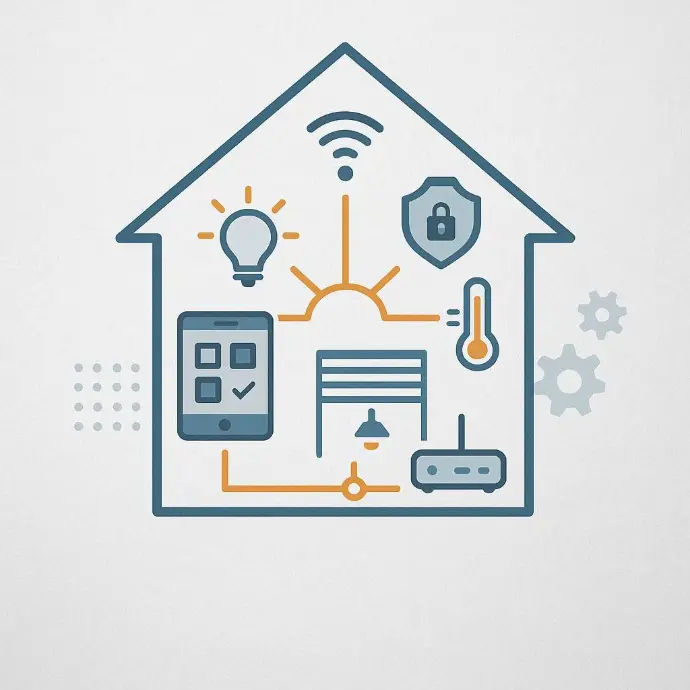 Smart-Home-Illustration mit vernetzter Gebäudetechnik in Baden bei Wien.