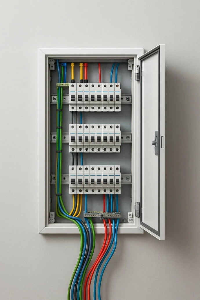Moderner Verteilerschrank mit sauberer Schaltanlagentechnik in Baden bei Wien.