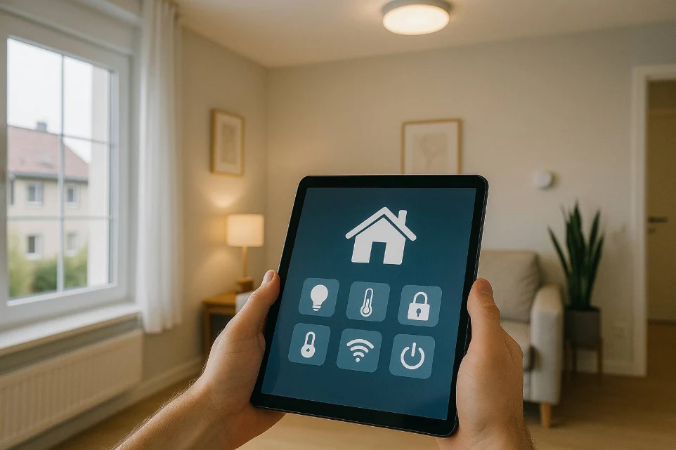 Smart-Home-Steuerung per Tablet in modernem Wohnzimmer in Baden bei Wien.