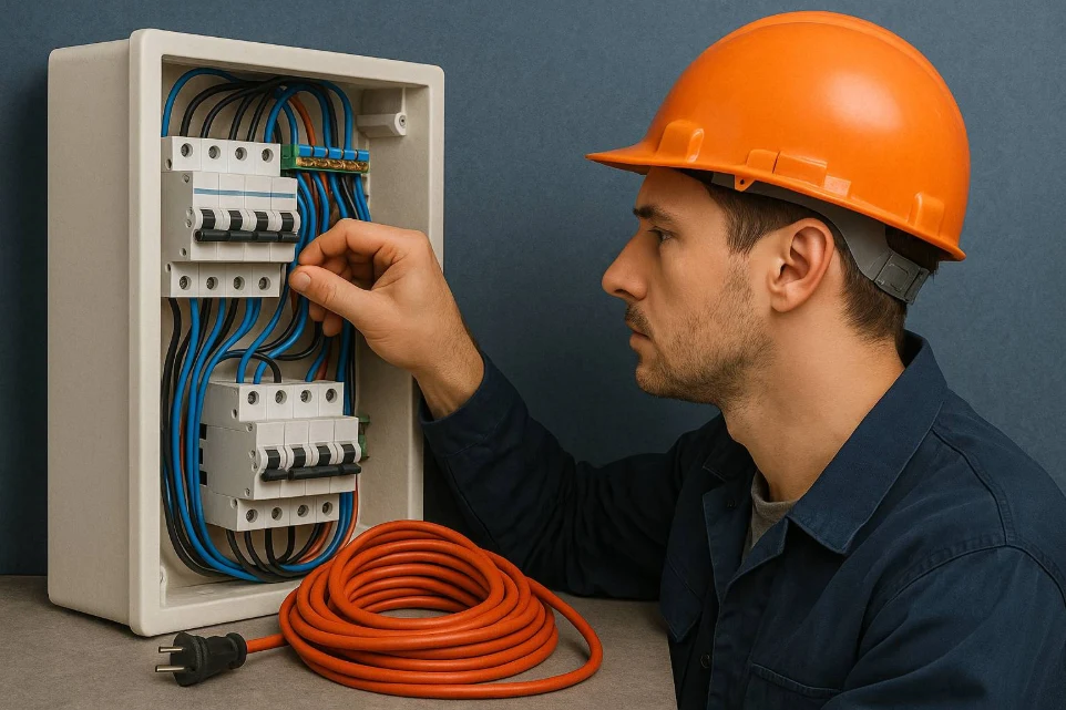 Elektriker prüft Kabel und Sicherungen in einem offenen Sicherungskasten in Baden bei Wien.