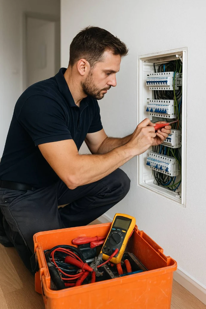 Elektriker arbeitet an einer Elektroverteilung in Baden bei Wien.